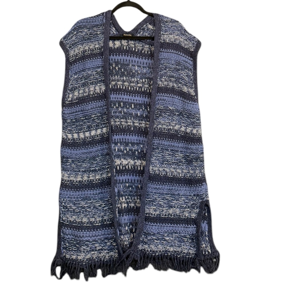 Massimo Dutti‎ Blue Knit Longline Vest Fringe Hem Open Front Space Dye Medium